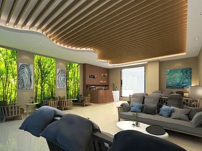 Modern Restaurant Interior With Wooden Slat Ceiling Large Windows Greenery Comfortable Sofas And Decorative Paintings 3d model