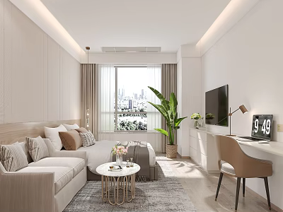 Modern Bright Apartment Living Room With Beige Sofa Round Coffee Table TV And Green Plant 3d model