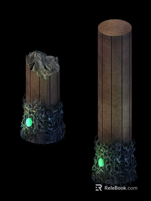Decorative Wooden Pillars With Stone Top Green Glowing Orb And Thorny Vine Base 3d model 
