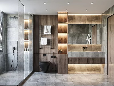 Modern Bathroom Interior With Wooden Cabinets Stone Walls Double Sink And Glass Shower 3d model