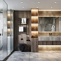 Modern Bathroom Interior With Wooden Cabinets Stone Walls Double Sink And Glass Shower