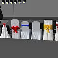 Elegant Banquet Table Setup With White Chair Covers Colored Bows Blue Lighting And Large Screen
