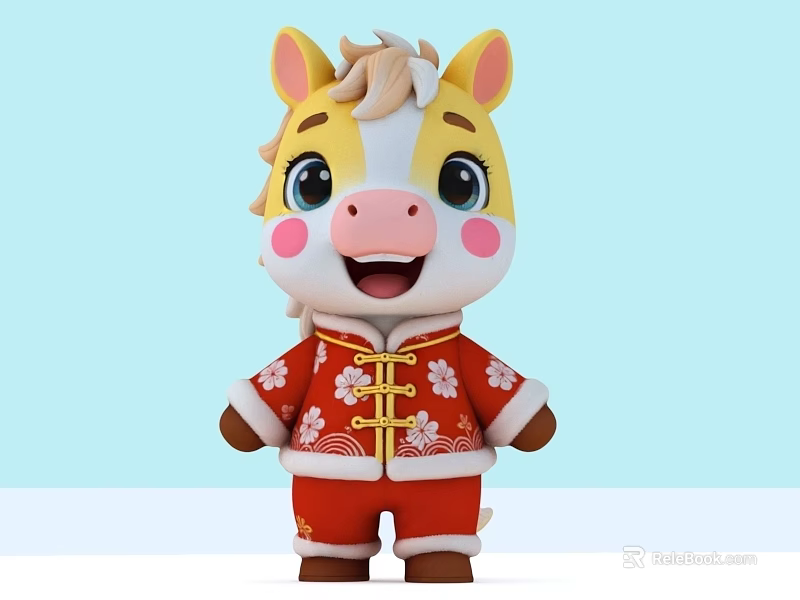 Cartoon Reptile In Red Chinese Costume With Yellow Mane Pink Cheeks Light Blue Background 3d model 