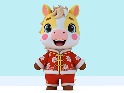 Cartoon Reptile In Red Chinese Costume With Yellow Mane Pink Cheeks Light Blue Background 3d model