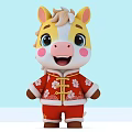 Cartoon Reptile In Red Chinese Costume With Yellow Mane Pink Cheeks Light Blue Background