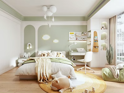 Kids Room Interior With Green Walls White Furniture Stuffed Toys Round Rug And Hanging Lights 3d model