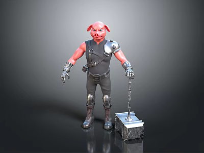 Pig Warrior Character With Armor Holding Chain Hammer And Metal Block 3d model