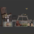 Rustic Outdoor Picnic Area With Wooden Table Chair Bird Bath Flower Pots And Bird Houses