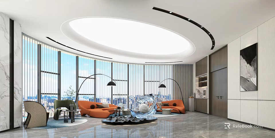 Modern Lounge Area Interior With Orange Sofas Floor to Ceiling Windows And City View 3d model