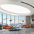 Modern Lounge Area Interior With Orange Sofas Floor to Ceiling Windows And City View 3d model