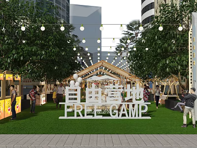 Vibrant Commercial Street with Tents String Lights and Green Grass at Free Camp 3d model