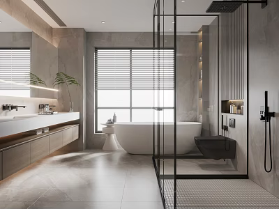 Modern Bathroom Interior Design With Glass Shower Enclosure Freestanding Bathtub And Vanity Mirror 3d model