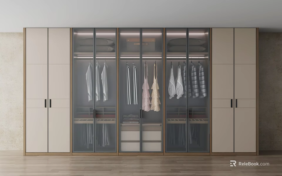 Modern Sleek Wardrobe Interior Design With Glass Doors Hanging Clothes And Storage Drawers 3d model 