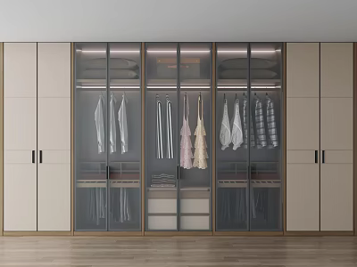 Modern Sleek Wardrobe Interior Design With Glass Doors Hanging Clothes And Storage Drawers 3d model