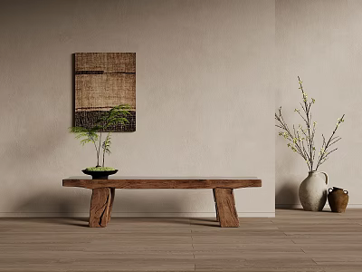 Wooden Bench With Small Potted Plant Near Woven Wall Art And Vases In Minimalist Interior 3d model