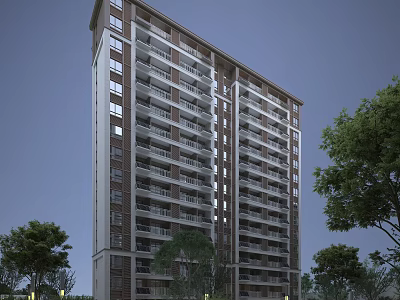 Modern High Rise Residential Building With Trees Around And Balconies On Facade 3d model
