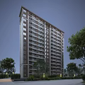 Modern High Rise Residential Building With Trees Around And Balconies On Facade