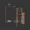 Rustic Bamboo Gate Frame With Thatched Roof Shed Ladder Wooden Crates And Sacks