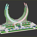 Arch Shaped White Architectural Model With Green Landscaped Areas And Blue Water Features