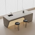 Modern Bar Counter With Gray Patterned Top Sink And Black Stools Under Window Blinds 3d model