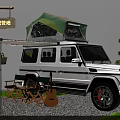 White Off-road Vehicle With Green Roof Tent And Camping Gear For Outdoor Trips