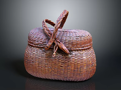 Cute Small Animal Resting In Handwoven Brown Wicker Basket With Braided Handle 3d model