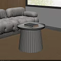 Modern Gray Sofa And Round Pleated Coffee Tables Set With Open Book And Green Plant