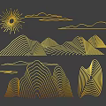 Golden Line Art Wall Hanging With Sun Clouds And Mountain Patterns 3d model