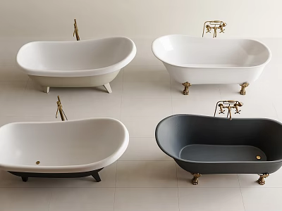 Freestanding Bathtubs In White And Gray With Golden Faucets On Tile Floor 3d model