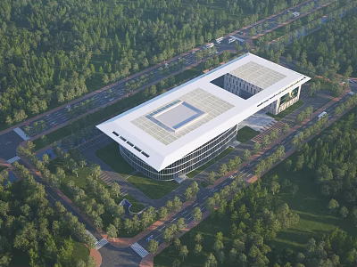 Aerial View Planning of Large Modern Building with Greenery Surrounding Roads and Trees 3d model