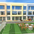 Colorful School Outdoor Playground With Slide Soccer Goal Lawn And Trees