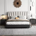 Modern Upholstered Double Bed with Gray Orange Pillows Beige Blanket Black Nightstands Wooden Floor and Large Window
