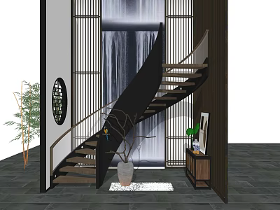 Black Spiral Staircase With Chinese Screen Waterfall Backdrop And Green Plants 3d model