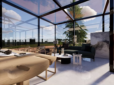 Modern Residential Building With Glass Curtain Wall Scenic View And Cozy Interior Lounge Area 3d model