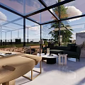 Modern Residential Building With Glass Curtain Wall Scenic View And Cozy Interior Lounge Area