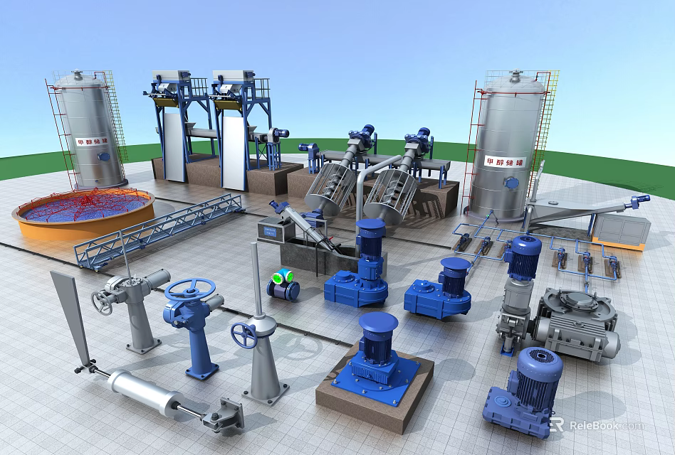 Industrial Equipment Including Tanks Pumps Conveyors And Pipelines In Production Facility 3d model 
