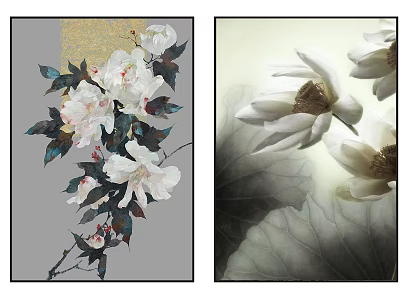 Botanical Paintings Featuring White Peonies Lotus Blooms Green Leaves and Gray Background 3d model