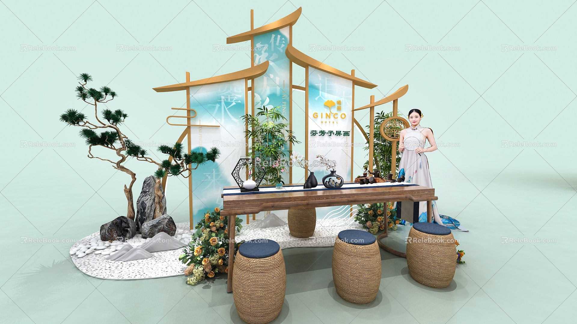 Zen DP point Chinese atmosphere Zen interactive area flower arrangement interactive atmosphere interactive area 3d model