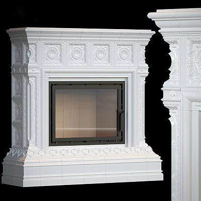 White Ornate Carved Fireplace With Classical Design And Glass Door Frame 3d model