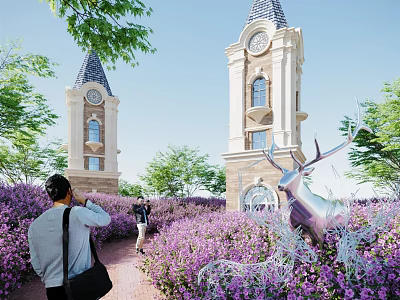 Twin Clock Towers in Purple Flower Fields With Silver Deer Sculpture People Taking 3d model