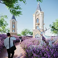 Twin Clock Towers in Purple Flower Fields With Silver Deer Sculpture People Taking