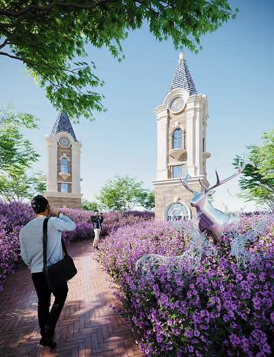 Twin Clock Towers in Purple Flower Fields With Silver Deer Sculpture People Taking 3d model