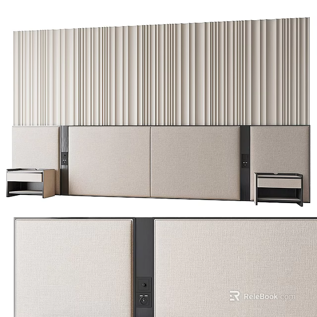Modern Bedroom Accent Wall Design With Vertical Stripes Beige Panels And Bedside Tables 3d model 