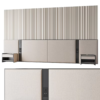 Modern Bedroom Accent Wall Design With Vertical Stripes Beige Panels And Bedside Tables 3d model
