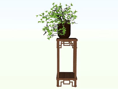 Bonsai Plant With Lush Green Foliage On Chinese Style Wooden Stand 3d model