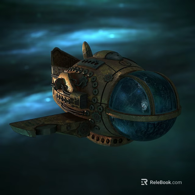 Vintage Steampunk Submarine With Metallic Hull And Round Glass Window In Blue Cosmic Background 3d model 