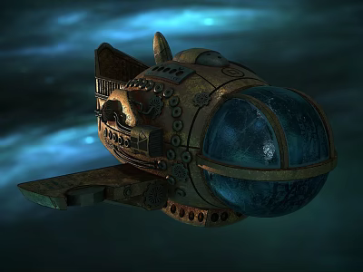 Vintage Steampunk Submarine With Metallic Hull And Round Glass Window In Blue Cosmic Background 3d model