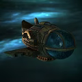 Vintage Steampunk Submarine With Metallic Hull And Round Glass Window In Blue Cosmic Background
