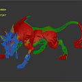 Red Lion Shaped Mythical Creature With Fiery Tail Horns Tattoos Golden Ornaments And Dynamic Pose