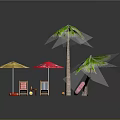 Beach Outdoor Setup With Palm Trees Yellow Red Umbrellas And Chairs
